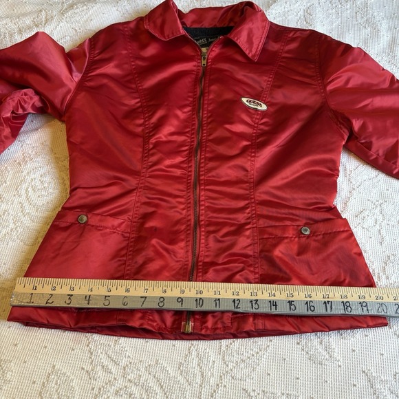 Guess Jeans USA VTG Red Satin‎ Jacket Woman Sz M Y2K Silky Lined Waist Tapered - Picture 9 of 10